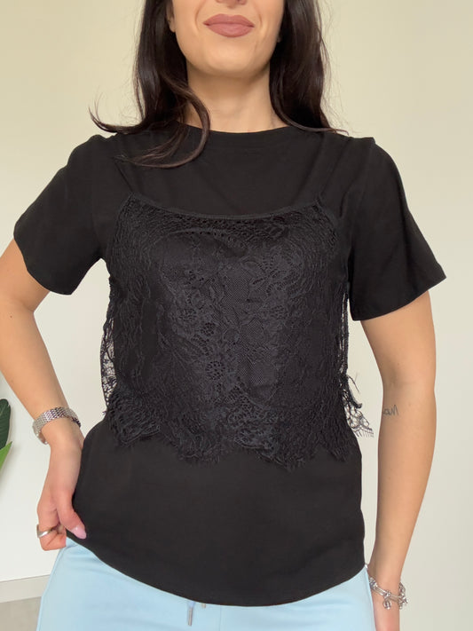 T-shirt con top pizzo